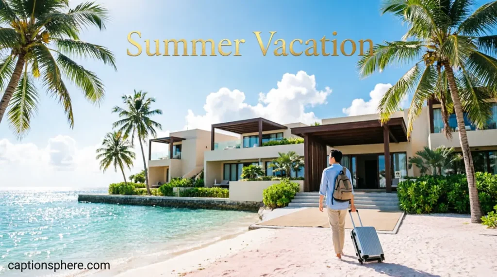 Traveler pulling luggage near a tropical resort entrance.