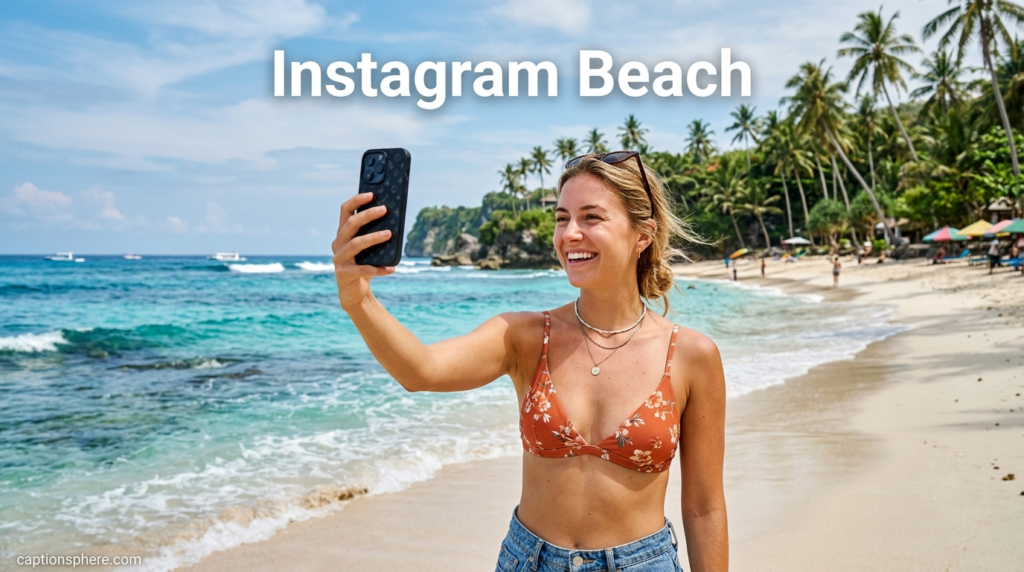 Traveler taking a selfie with ocean and palm trees behind.