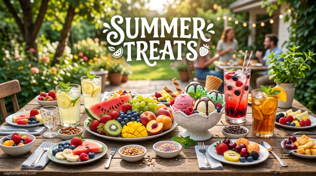 Fresh watermelon, ice cream, and lemonade on outdoor table.