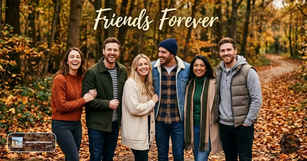 Group of friends laughing together in a colorful autumn park.