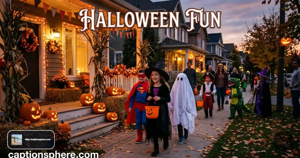 Decorated porch with carved pumpkins and people in Halloween costumes.