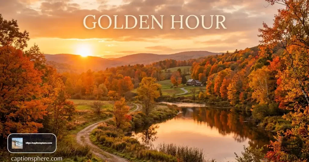 Person watching a golden autumn sunset across colorful trees.