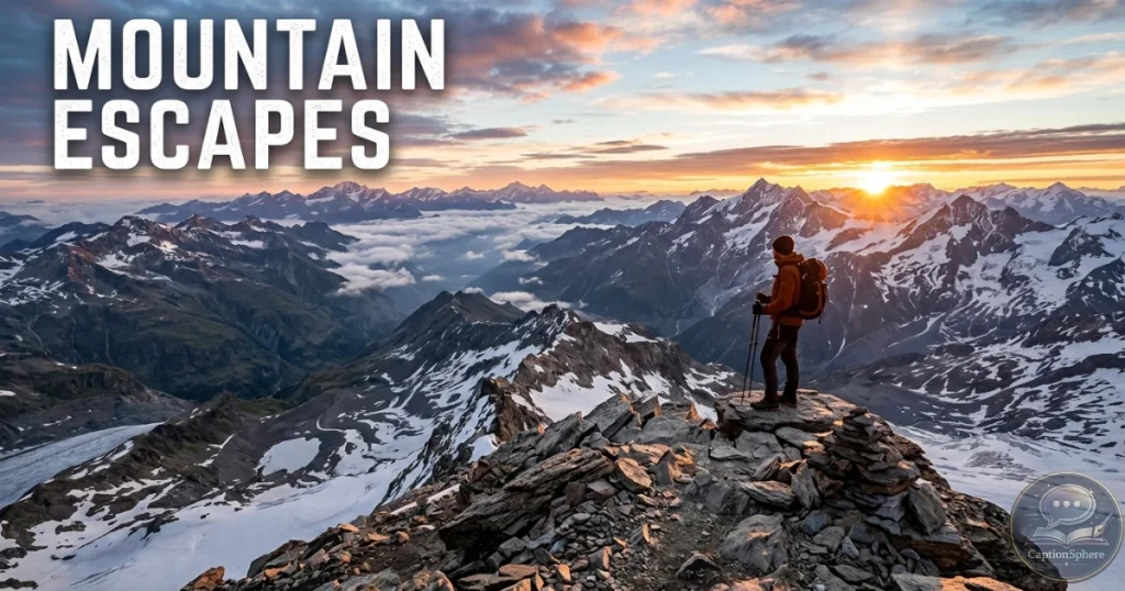 Hiker standing on a rocky summit overlooking mountain ranges.