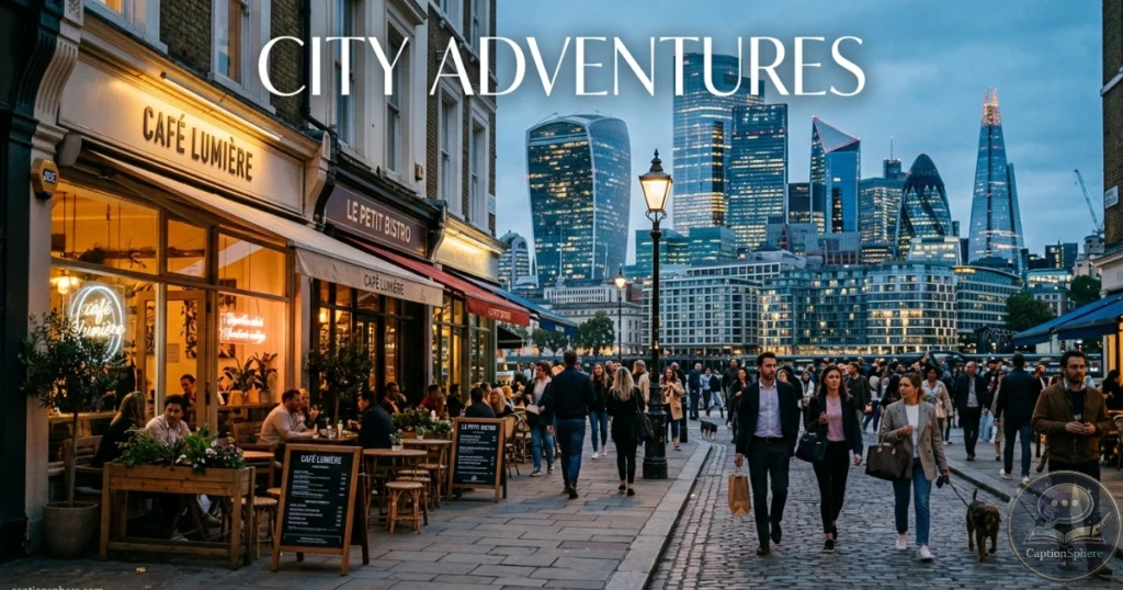 : Traveler exploring a lively downtown street with skyline views.