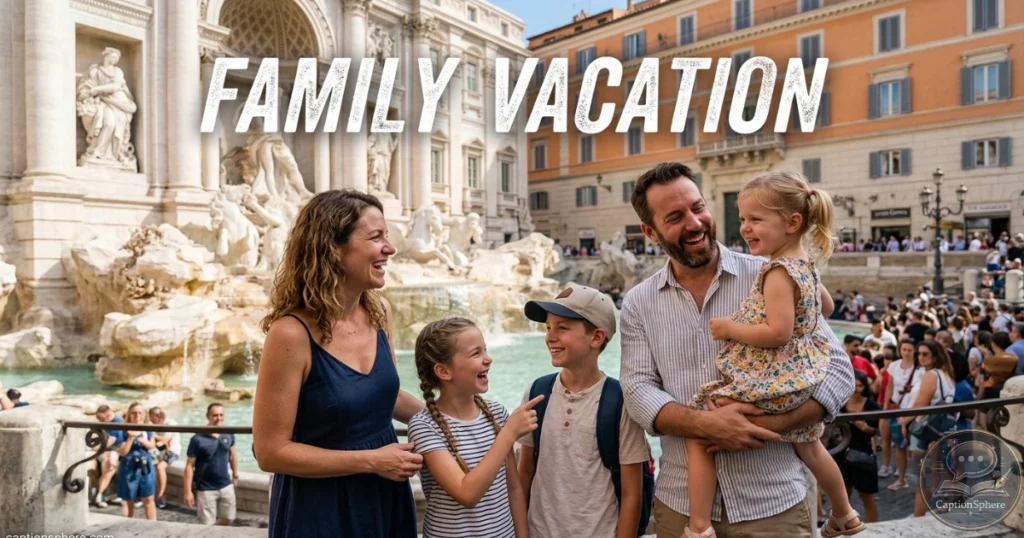 Family smiling together while sightseeing during vacation.