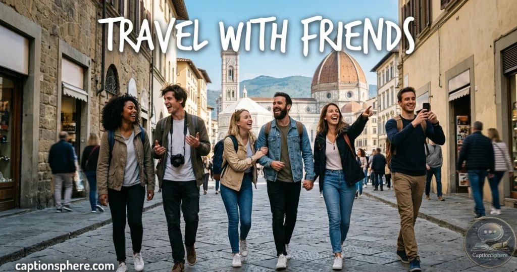 Group of friends laughing while exploring a scenic destination.