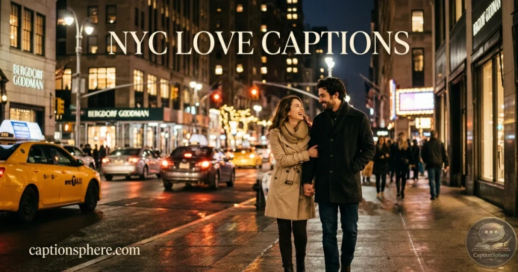 Couple walking through New York city lights