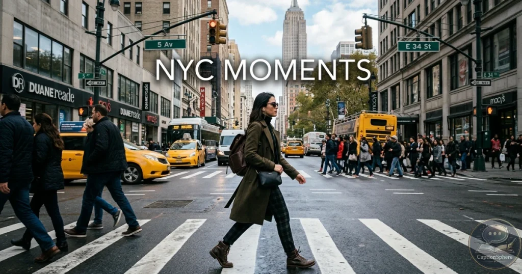 Person walking confidently through a lively Manhattan street.