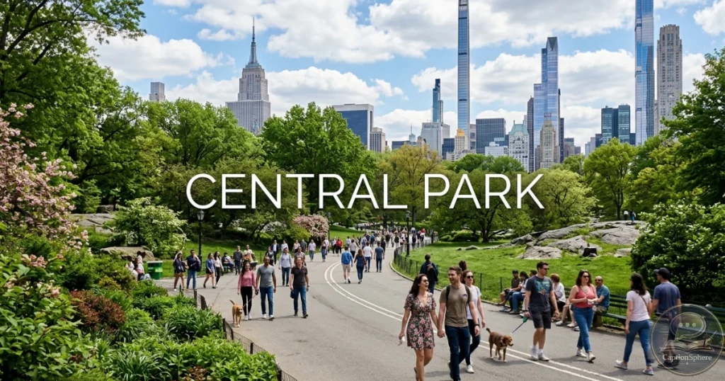 Couple walking through Central Park beneath green trees.