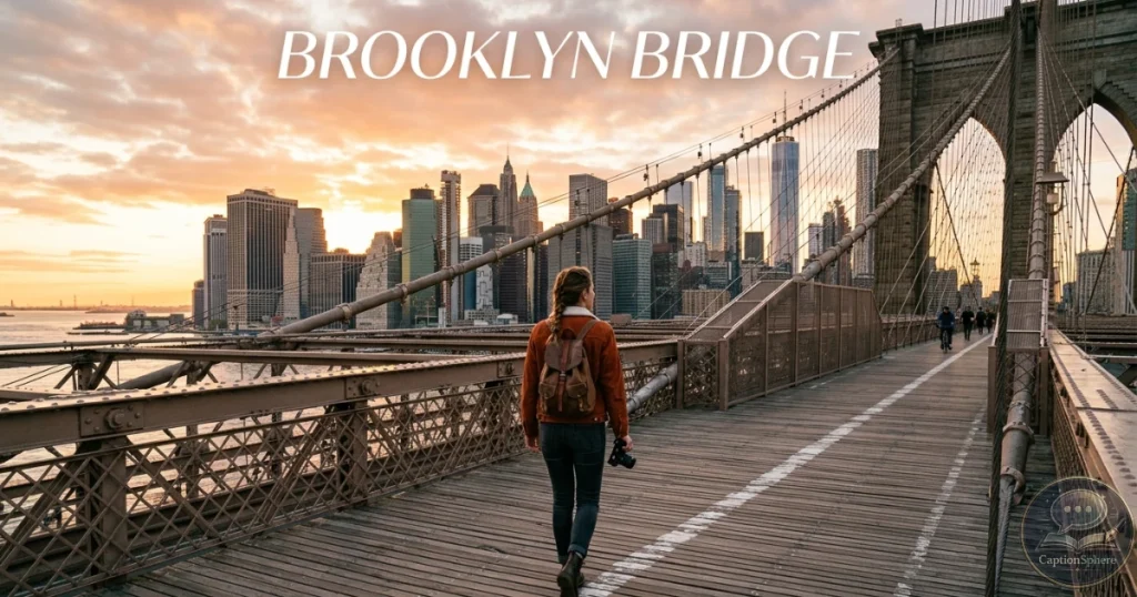 Person walking across Brooklyn Bridge during sunrise.