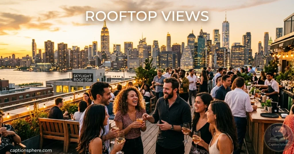 Friends enjoying rooftop skyline views at sunset.