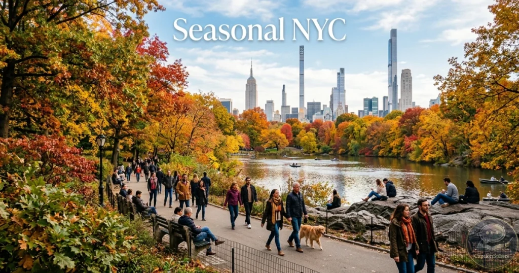 New York park with colorful autumn leaves and walking visitors.