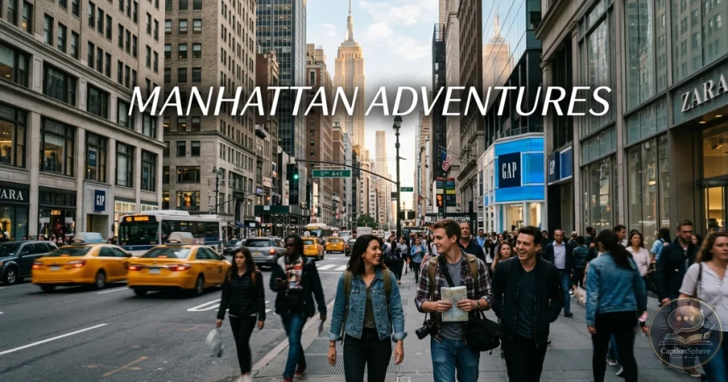 Travelers walking through Manhattan streets with buildings around