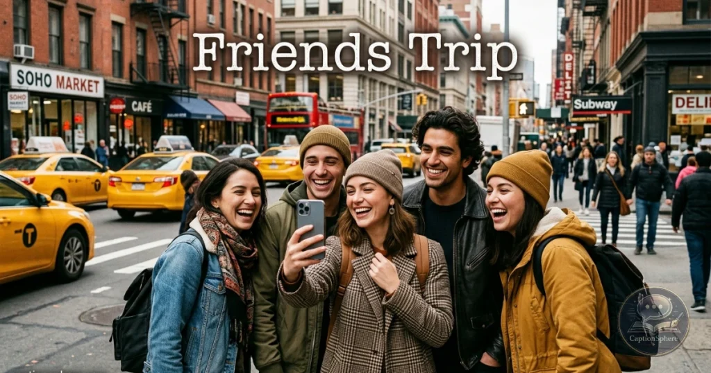 Friends taking a photo together on a New York street