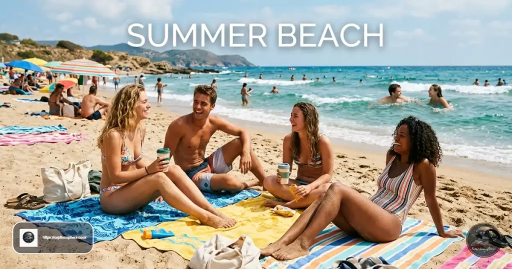Friends enjoying sunshine on a lively summer beach.
