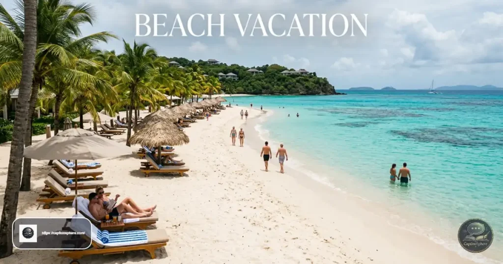 Couple enjoying a tropical resort beach with crystal-clear ocean.