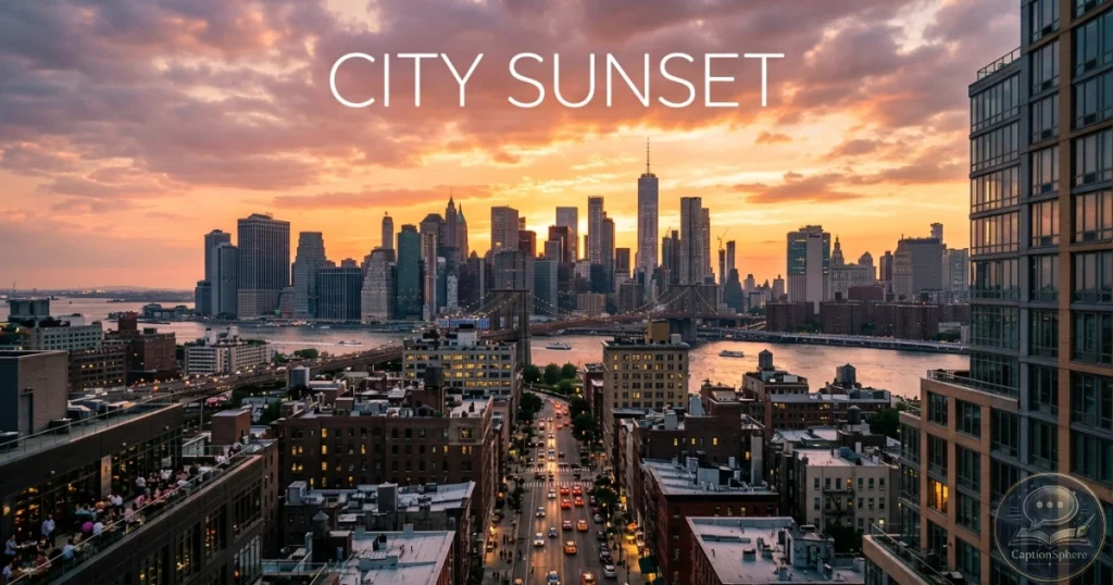 City skyline glowing during sunset