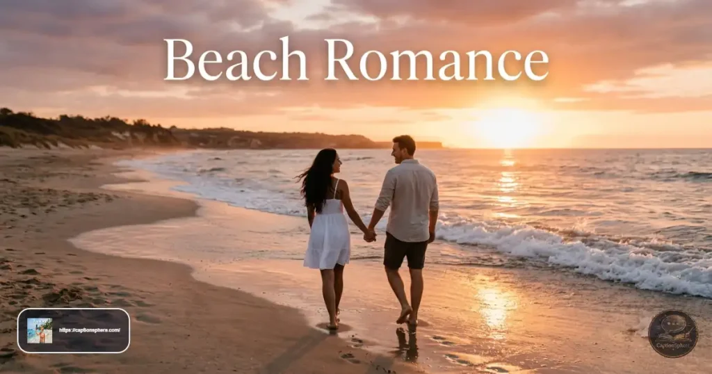 Couple holding hands while walking along the shoreline at sunset.