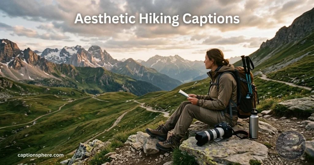 Camera and hiking trail with scenic natural background