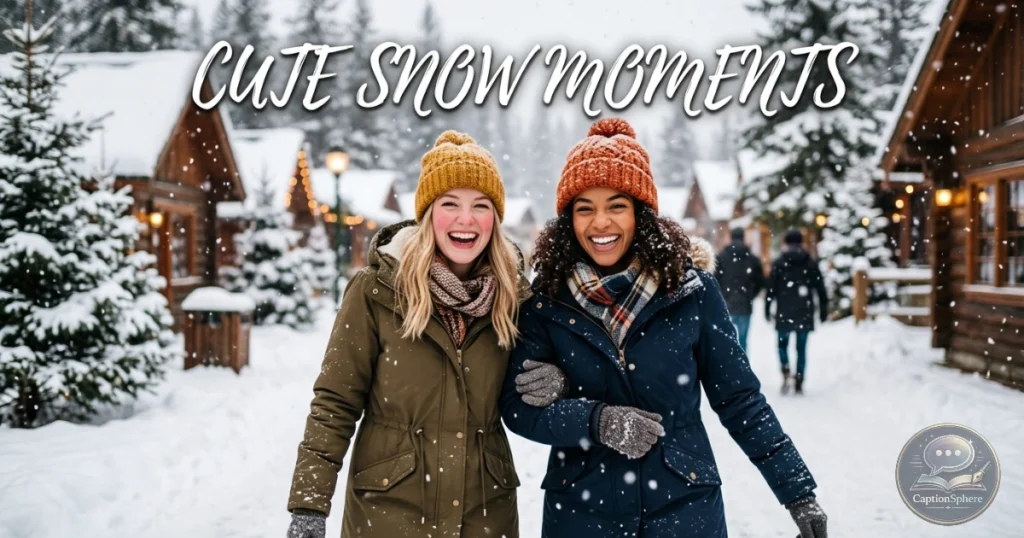 Two friends laughing while holding mugs in a snowy park.