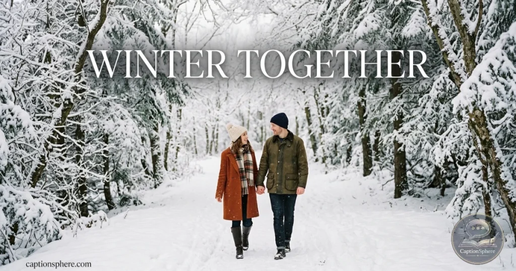 Couple holding hands while walking through a snowy forest.