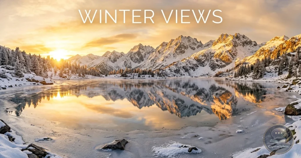 Snow-covered mountain lake surrounded by evergreen trees.