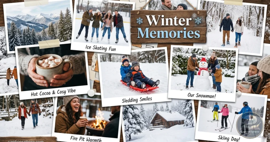 Collage-style arrangement of snowy adventures and cozy winter moments.