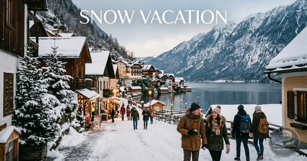 Traveler walking through a charming snowy mountain village.