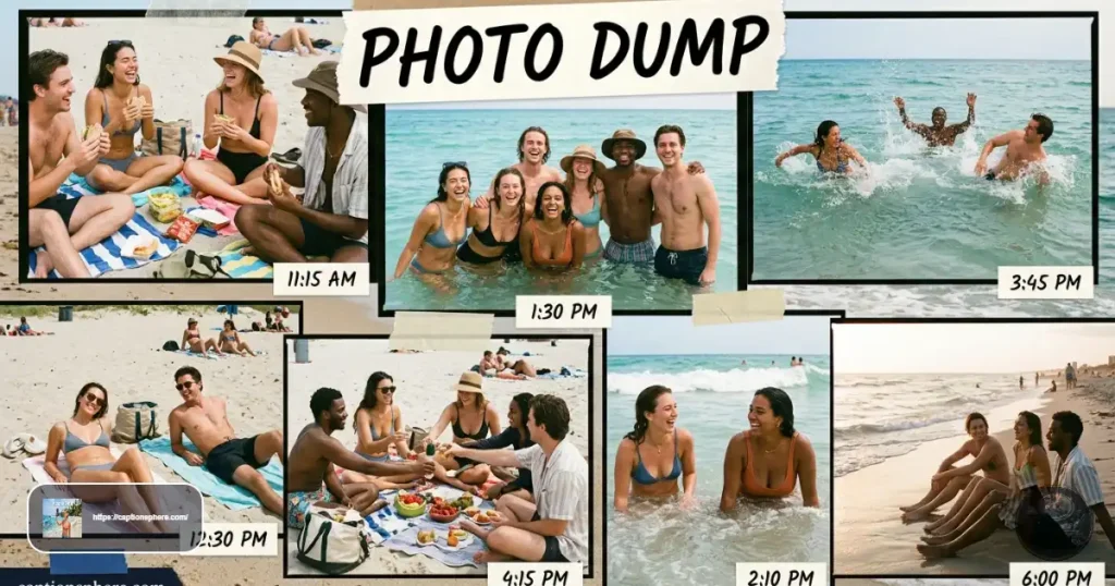 Friends capturing multiple fun beach moments throughout a sunny day.