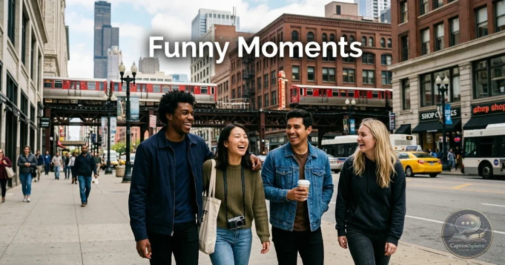 Friends laughing together on Chicago city street