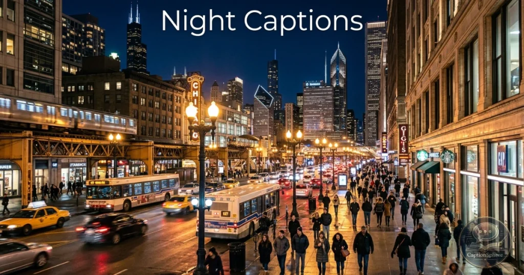 Chicago streets illuminated at night with pedestrians