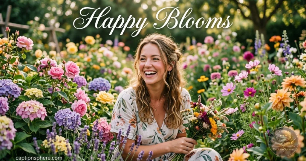 Smiling person surrounded by colorful garden flowers