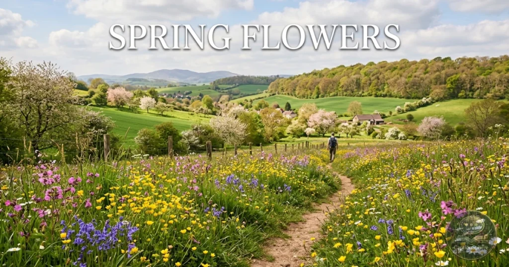 Spring flowers blooming across a sunny outdoor landscape