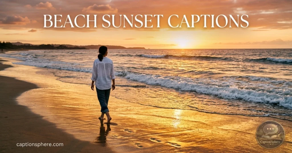 Person walking along beach during colorful sunset
