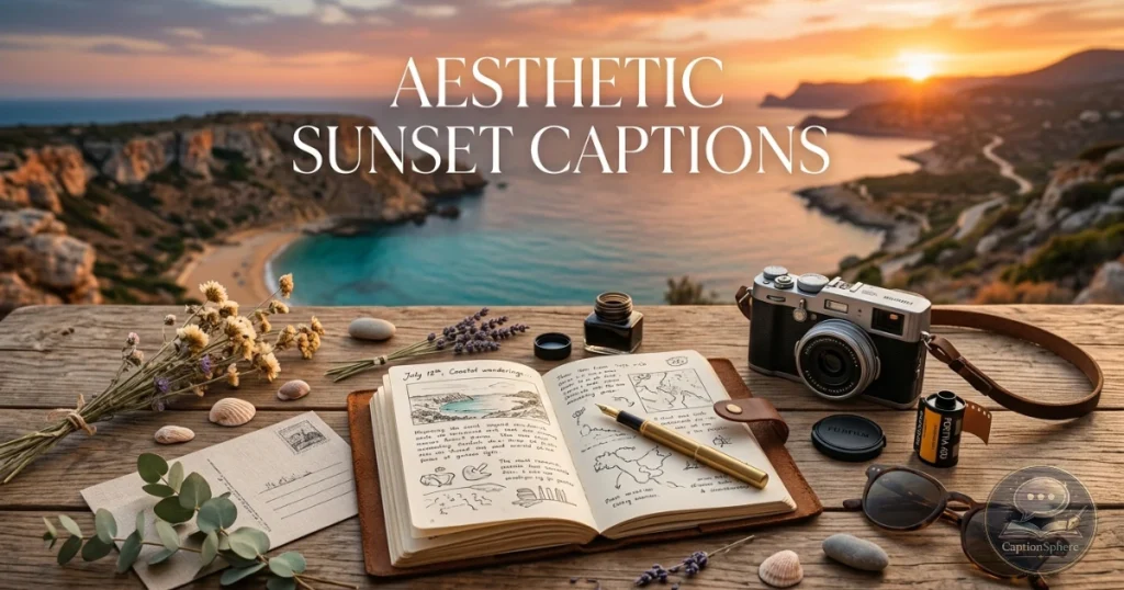 Travel items and sunset landscape together