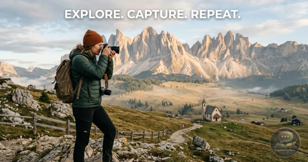 Traveler photographing scenic destination with mountains and sky
