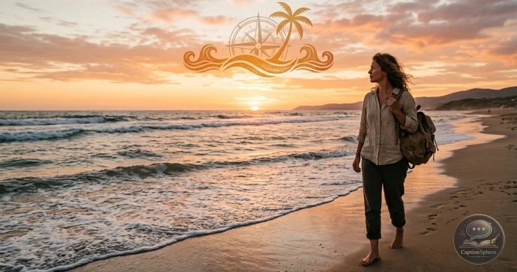 Traveler walking along beach beside ocean waves at sunset