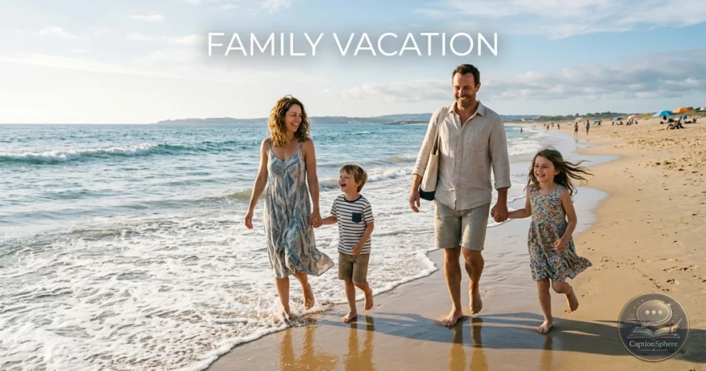 Family walking together on a sunny beach holding hands.