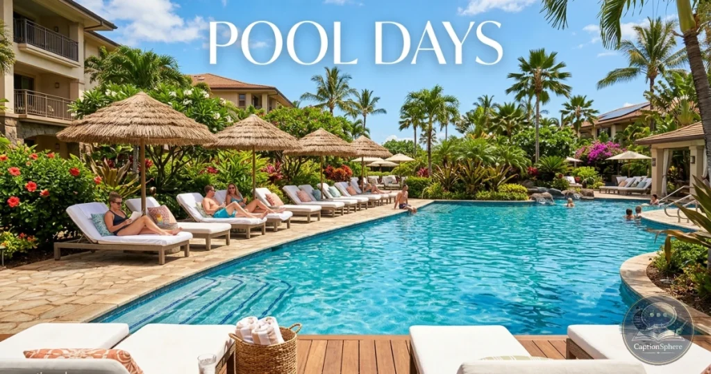Traveler relaxing beside a resort swimming pool under blue skies.