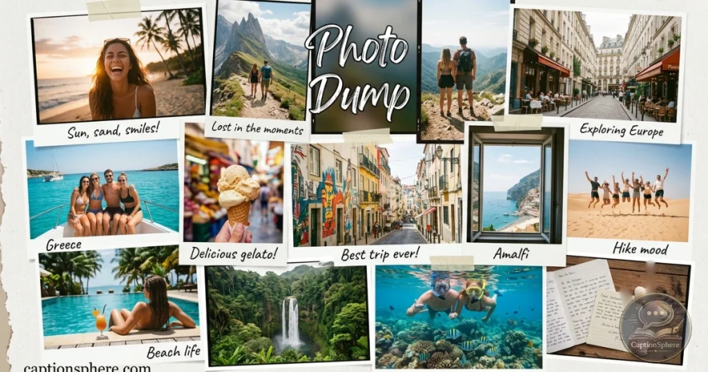 Collage of travel moments including beaches, food, sunsets, and adventures.