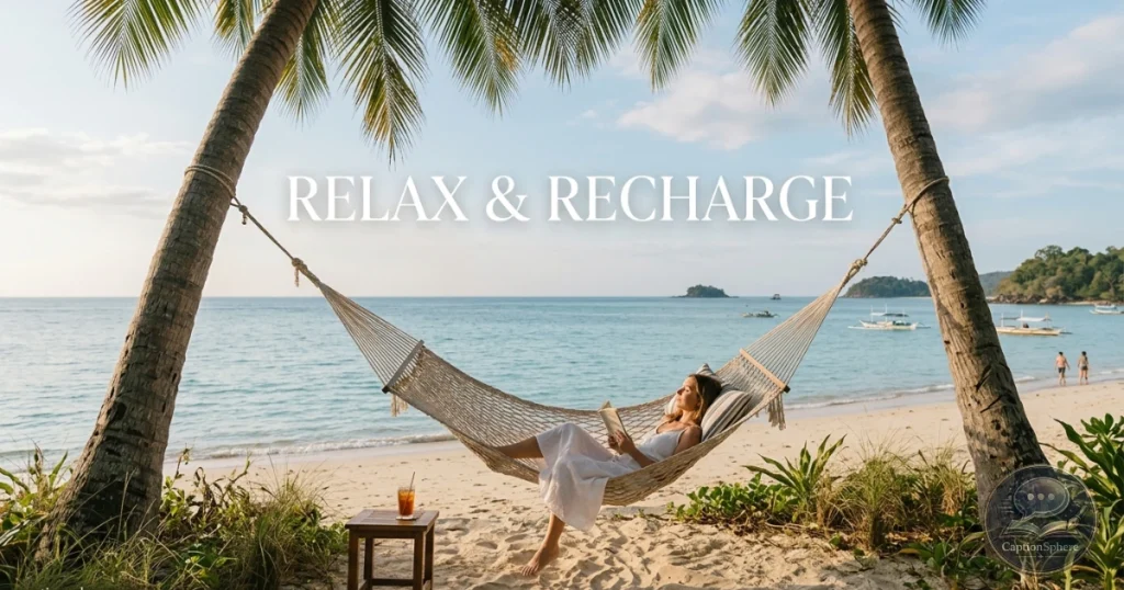 Person relaxing in a hammock between palm trees near the beach.