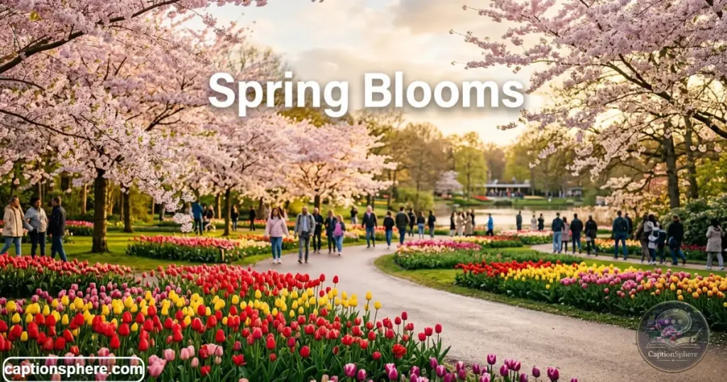 Colorful spring flowers lining a peaceful park pathway.