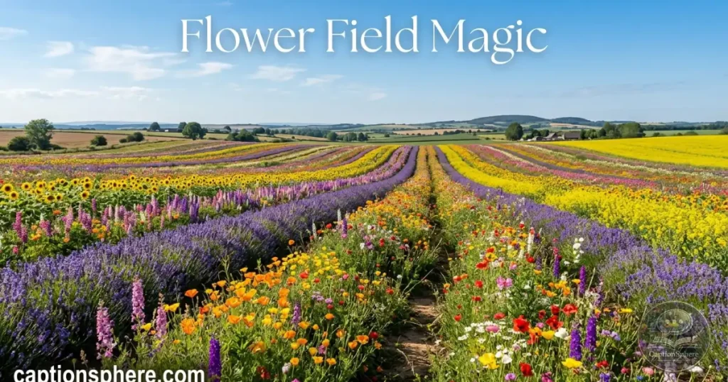 Large flower field stretching beneath a blue sky.