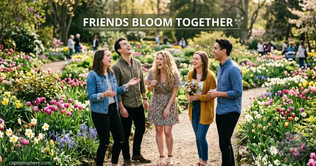 Group of friends laughing together in a flower garden.