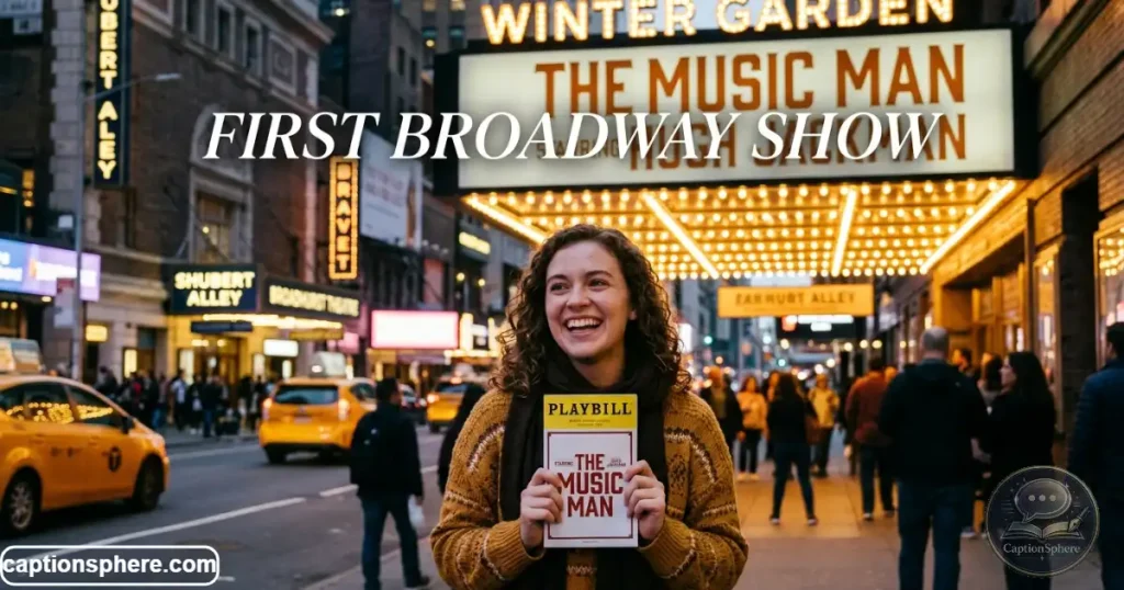Person smiling while holding a Playbill outside a Broadway theater.
