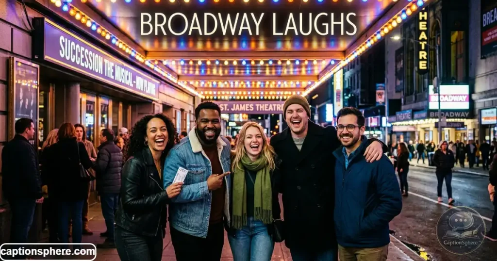 Friends laughing together outside a Broadway theater before the performance.