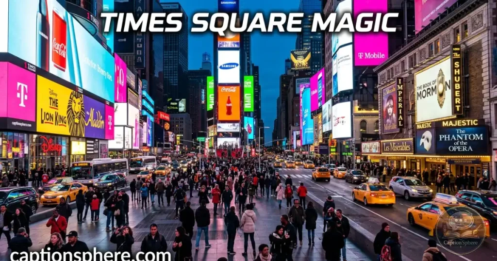 Traveler enjoying bright Times Square lights near Broadway theaters.