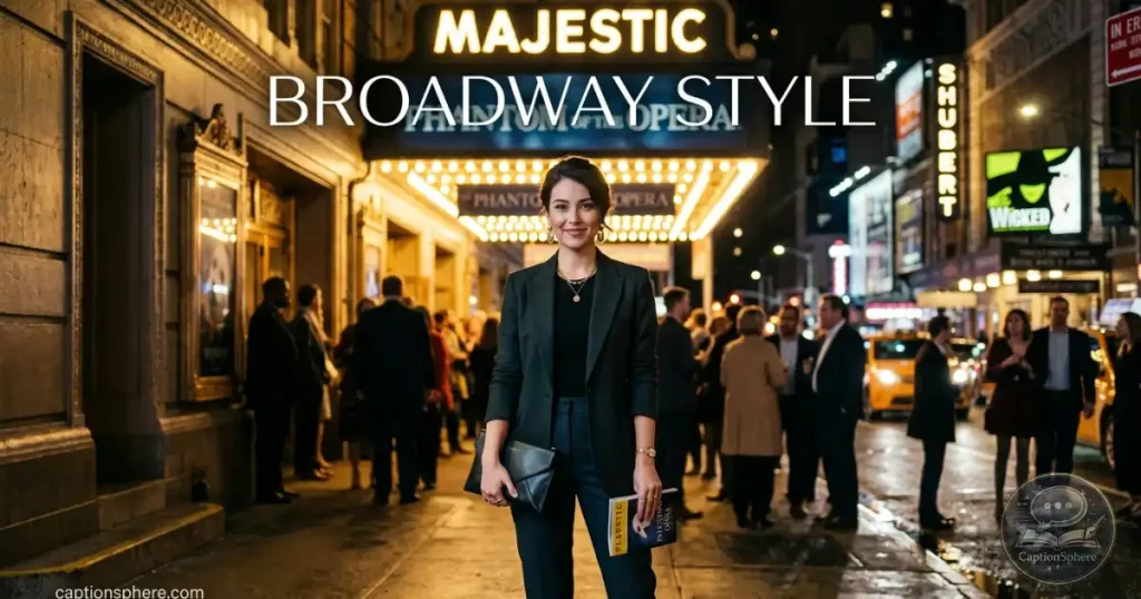 Person wearing formal evening attire outside a historic Broadway theater.