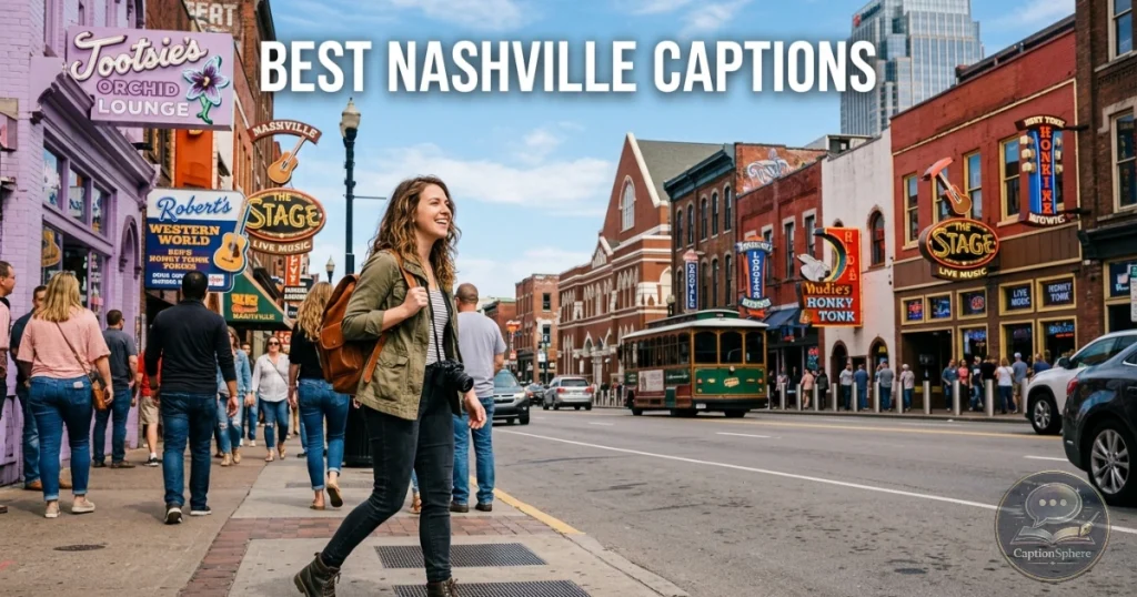 Traveler smiling on a downtown Nashville street with colorful murals nearby.