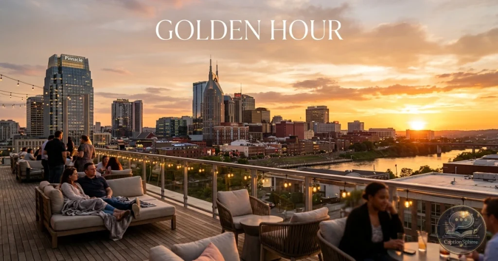 Sun setting behind the Nashville skyline viewed from a rooftop.